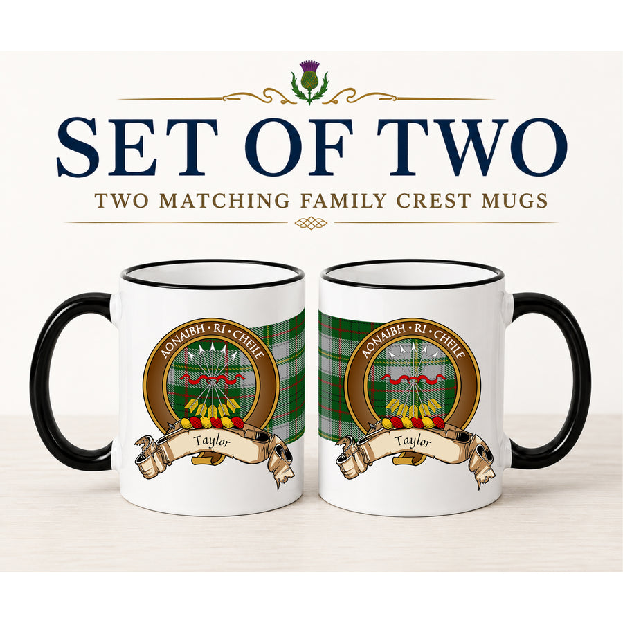Taylor Scottish Clan Crest 11 oz Mugs – Brown Crest Design | Set of 2