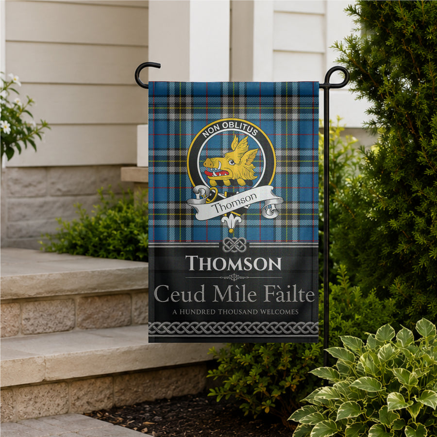 Thomson Scottish Clan Crest Garden Flag - Black Design