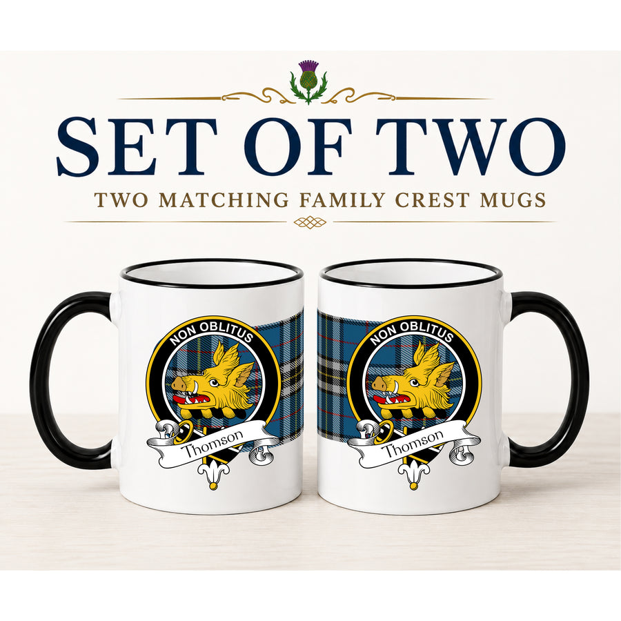 Thomson Scottish Clan Crest 11 oz Mugs – Black Crest Design | Set of 2