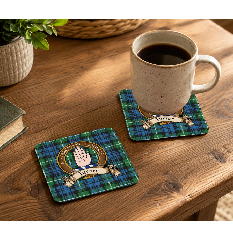 Turner Scottish Clan Crest Rubber Coasters - Brown Design Set of 4