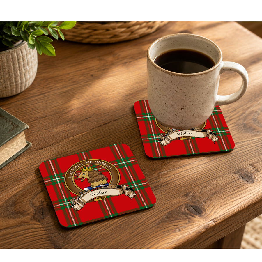 Walker Scottish Clan Crest Rubber Coasters - Brown Design Set of 4