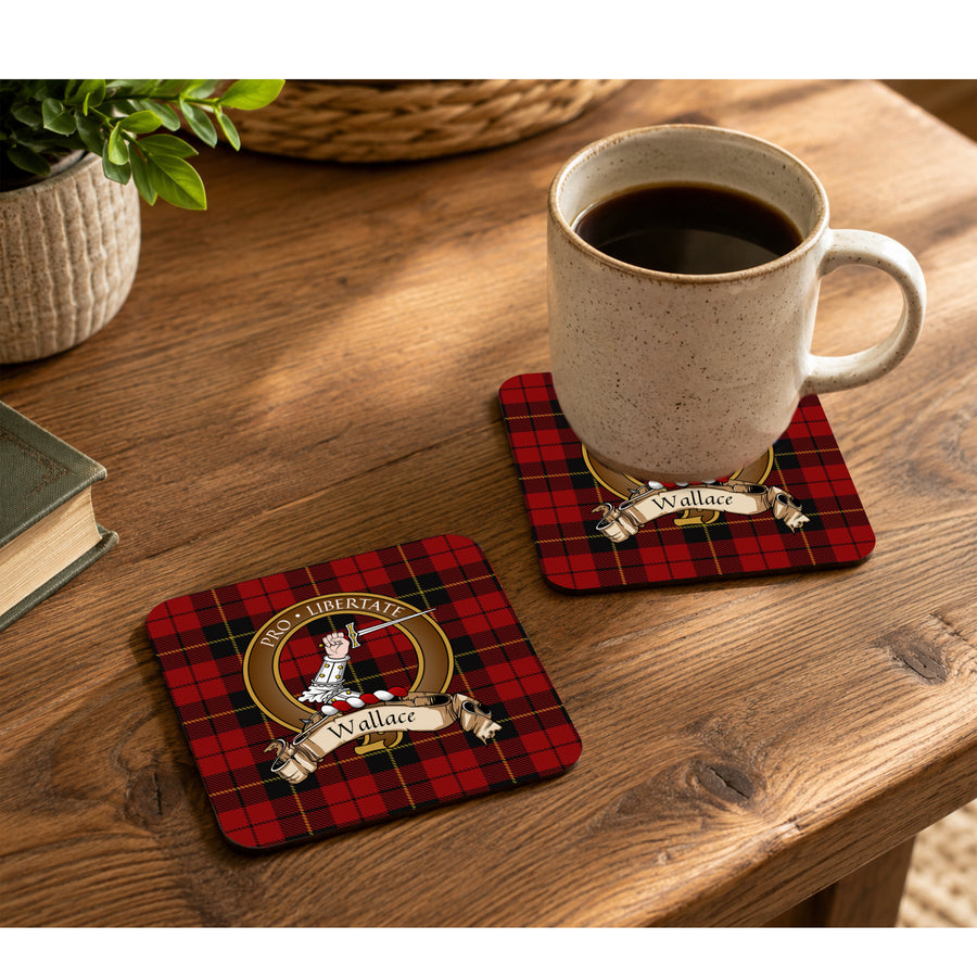 Wallace Scottish Clan Crest Rubber Coasters - Brown Design Set of 4
