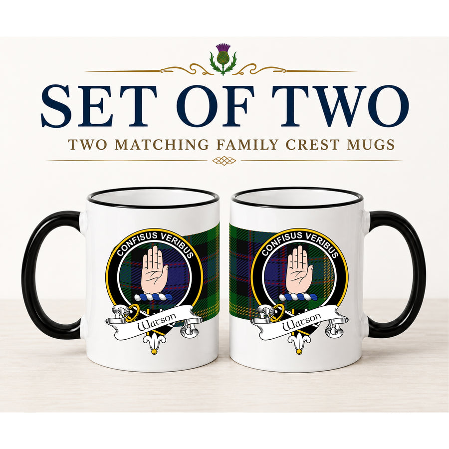 Watson Scottish Clan Crest 11 oz Mugs – Black Crest Design | Set of 2