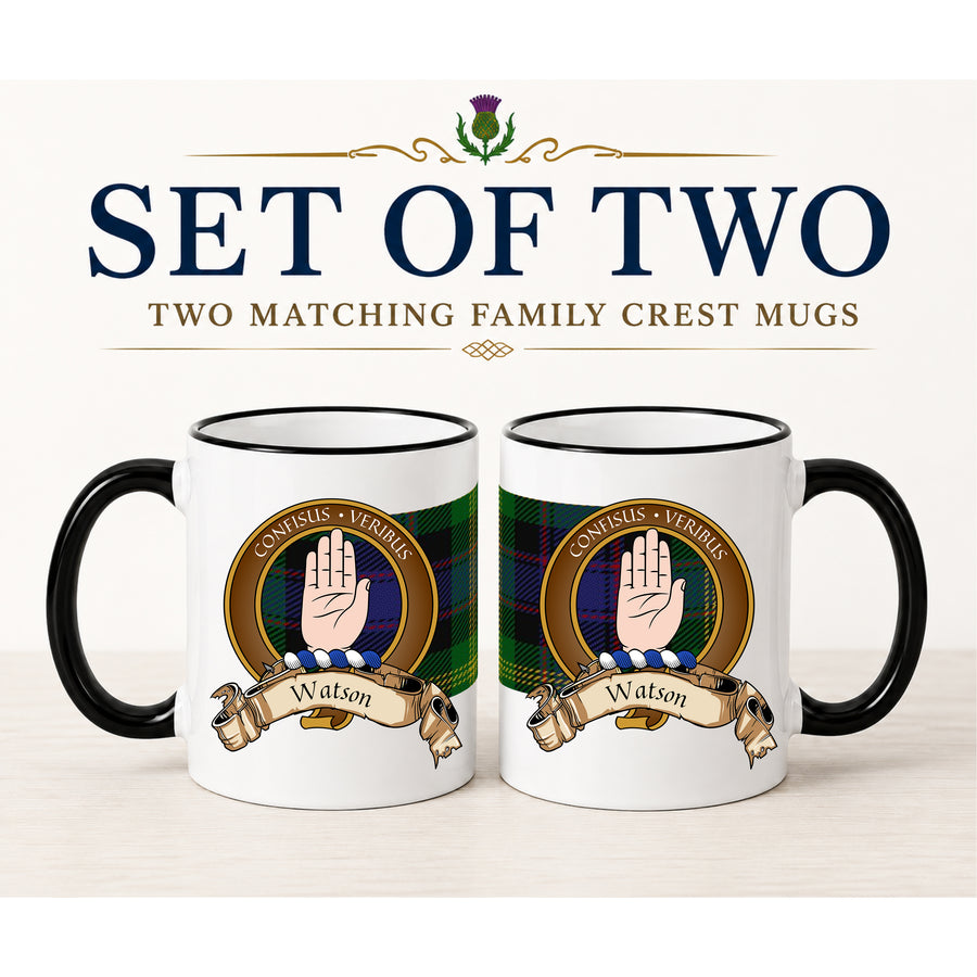 Watson Scottish Clan Crest 11 oz Mugs – Brown Crest Design | Set of 2