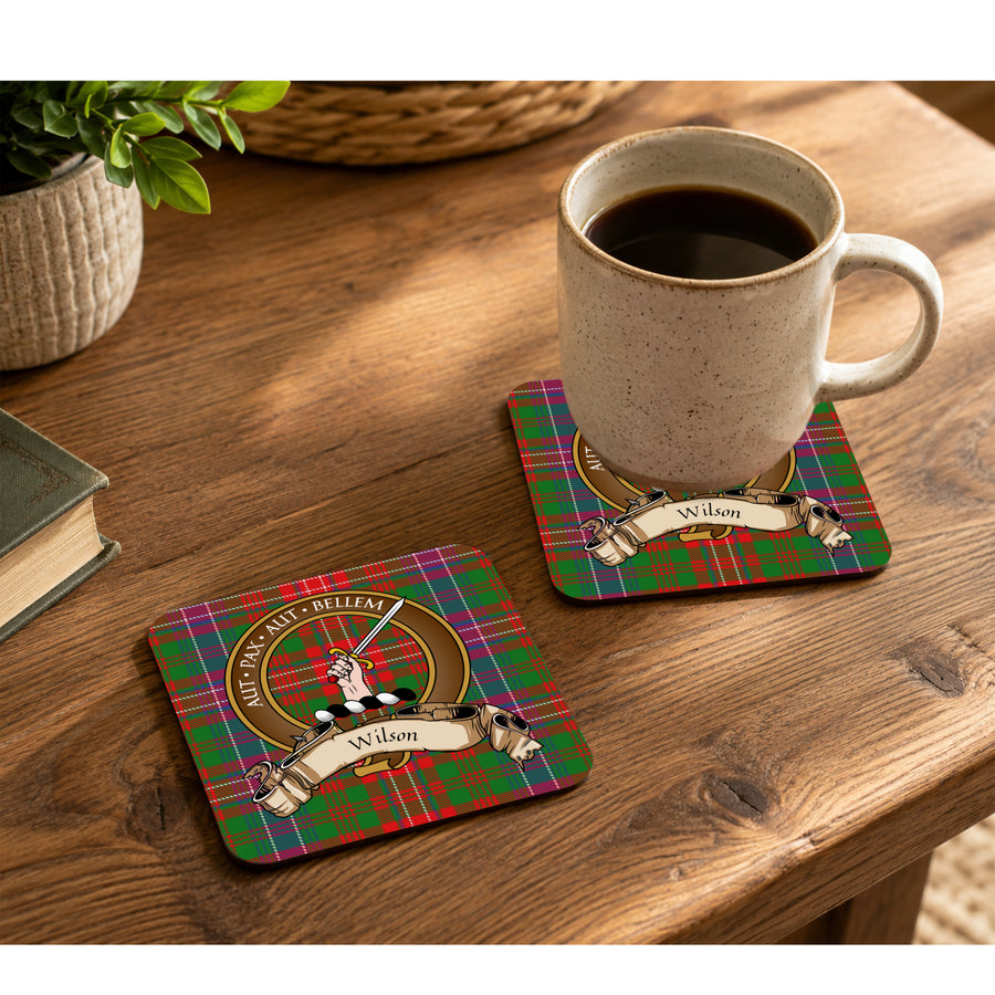 Wilson Scottish Clan Crest Rubber Coasters - Brown Design Set of 4